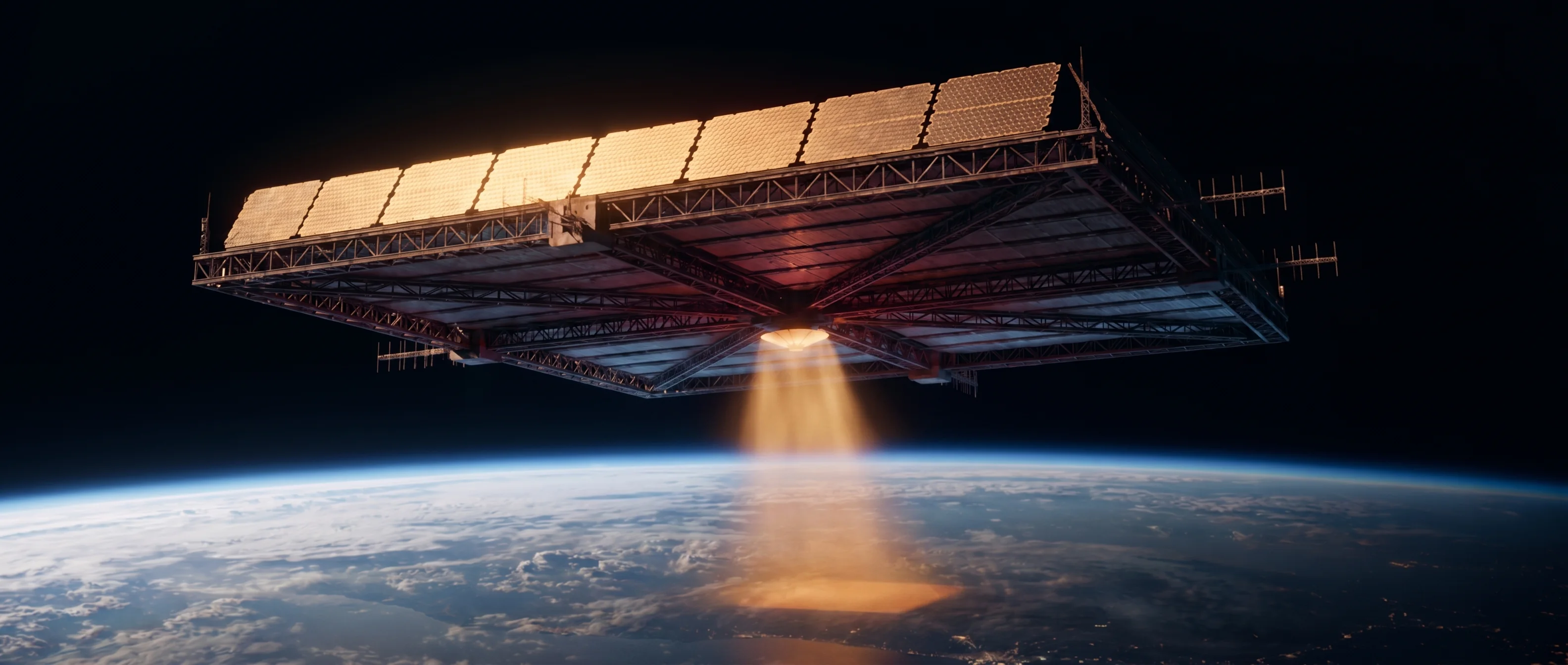A kilometre-scale space-based solar power satellite in low Earth orbit, photovoltaic array catching grazing sunrise light, a soft amber power beam descending from the transmitter to a glowing rectenna footprint on Earth's surface below